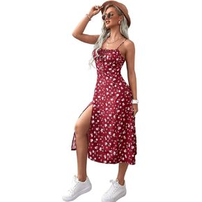 Floerns Women's Floral Print Self Tie Front Ruched Bust Split Thigh Midi Dress