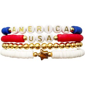 4Pcs Fourth of July Beaded Bracelet for Women Men Red White and Blue Patriotic Bracelet Initial Srting Clay Bracelet Set Holiday Jewelry Gift
