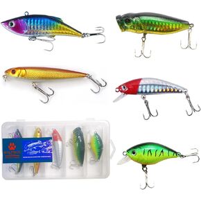 WOLFSKIN Fishing Lures Kit 5pcs Hard Lures Set for Trout Bass Salmon Saltwater and Freshwater Including Minnow Popper Crank Baits Pencil Fish and VIB with Hooks