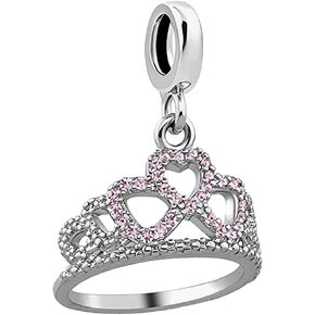 Queen Princess Crown Pink Love Heart Dangle Charms Compatible with Pandora Bracelet Necklace Birthday Jewelry Gifts for Women