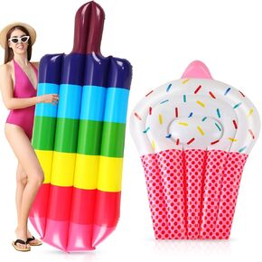 Libima 2 Pcs Giant Pool Floats Large Fruit Food Float Inflatable Pineapple Eggplant Watermelon Ice Lolly Cupcake Pizza Hot Dog Raft Summer Beach Swimming Pool