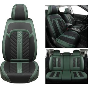 Car Seat Covers Full Set, 5 Seats Universal Seat Covers Fit for Cars,SUVs and Pick-up Trucks,Nappa Leather Front and Rear Seat Protectors, Anti-Slip Waterproof Auto Seat Covers(Black&Green)