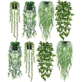 Jexine 8 Pcs Artificial Hanging Plants with Pot Fake Potted Plants Greenery Plastic Fake Plants Faux Eucalyptus Vine Plant Wall Decor for Home Room Office Indoor Outdoor Shelf Patio Garden Decor