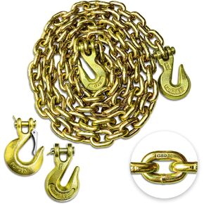 G80 Transport Binder Chain 3/8 Inch x 10 Foot - includes 3 Clevis Grab Hooks & 1 Clevis Snap Hook, 7,100 lbs SWL, Heavy-Duty Logging Chain for Heavy-Duty Transport, Towing, Tie Down
