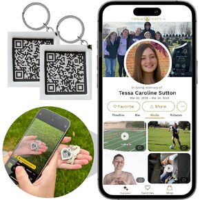 Keychain & Memorial Webpage Scan QR Personalized Tribute Profile Videos/Bio Sympathy Gift Gravestone Medallion