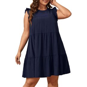 Holipick Women's Plus Size Summer Dresses Casual Short Dress Babydoll Ruffle Sleeve Swing Flowy Sleeveless Tunic Dress