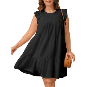 Holipick Women's Plus Size Summer Dresses Casual Short Dress Babydoll Ruffle Sleeve Swing Flowy Sleeveless Tunic Dress