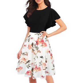 oxiuly Women's Flare Sleeve Scope Neck Church Vintage Dresses Casual Party Cocktail Dresses with Pockets OX376