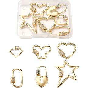 Craftdady 6pcs Brass Micro Pave Cubic Zirconia Screw Keychain Lock Charms Golden Heart Star Butterfly Oval Screw Locking Fastener Buckle Quick Link Connector Charms for DIY Jewelry Keyrings