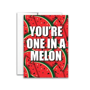 You're One in a Melon Watermelon Funny Greeting Card Pun Card Birthday Valentine's Anniversary Just Because Joke Card Kids Card 5x7 inches w/Envelope