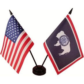 America & Wyoming Twin Desk Flag, US Wyoming Table Flags, 8 x 5 Inches American & Wyoming Deluxe Desk Flag Set - Miniature USA & Wyoming Stick Flag with Flag Stand