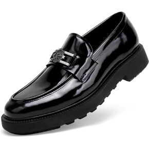 Mens Casual Leather Black Dress Loafer Shoes, Fashion Classic Buckle Slip-on Penny Party Shoes Wedding Loafers for Mens
