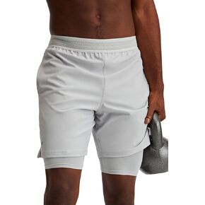 Fabletics Men's The Fundamental Short (Lined), Workout, Running, Training, Gym, Yoga, Ultra Lightweight, Athletic, 9" Inseam, L, Mineral Grey