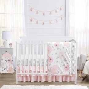 Sweet Jojo Designs 4 pc. Blush Pink, Grey and White Watercolor Floral Baby Girl Crib Bedding Set Rose Flower Polka Dot
