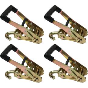Boxer 4 Pack Heavy Duty Rubber Handle 2" Ratchet Buckle with Swivel J Hook, Double Locking, Breaking Strength 6,600lbs Towing, Cargo Control Tie Down