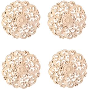 MUXSAM Round Wood Appliques Onlays, 1-Pack Unpainted Wooden Carved Flower Carvings Decals for Wall Cupboard Mirror Mantel Door Bed Cabinet Ceiling Dresser Furniture Refurbish Project, 12cm/4.72"