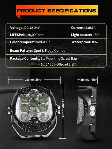 LED Pod Lights 5 inch Round LED Offroad Lights Amber Yellow DRL & Spotlight, Led Fog Lights for Truck Driving Light Bar Compatible With Jeep Offroad Accessories 4x4 ATV SUV Pickup UTV 1pcs in Saudi Arabia