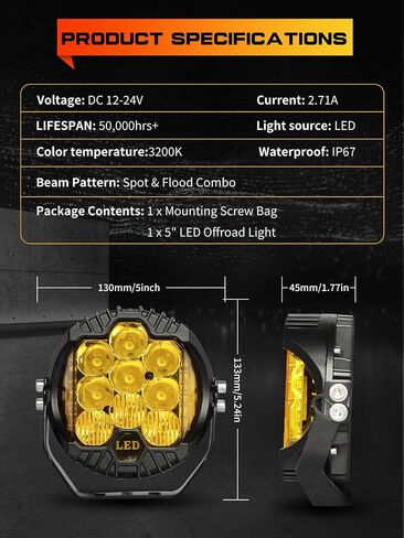 LED Pod Lights 5 inch Round LED Offroad Lights Amber Yellow DRL & Spotlight, Led Fog Lights for Truck Driving Light Bar Compatible With Jeep Offroad Accessories 4x4 ATV SUV Pickup UTV 1pcs in Saudi Arabia