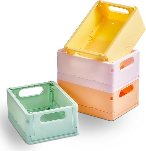 4-Pack Mini Pastel Storage Baskets Stackable Desktop Storage Crates Classroom Small Collapsible Plastic Basket for Organizing, Folding Colorful Storage Bins for Office Drawer Shelf Storage Decor in Saudi Arabia