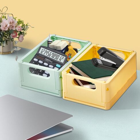 4-Pack Mini Pastel Storage Baskets Stackable Desktop Storage Crates Classroom Small Collapsible Plastic Basket for Organizing, Folding Colorful Storage Bins for Office Drawer Shelf Storage Decor in Saudi Arabia