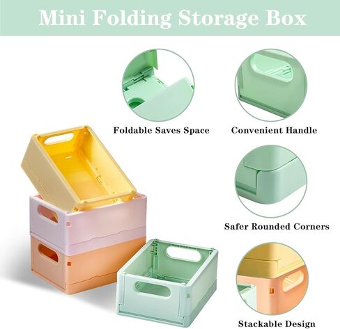 4-Pack Mini Pastel Storage Baskets Stackable Desktop Storage Crates Classroom Small Collapsible Plastic Basket for Organizing, Folding Colorful Storage Bins for Office Drawer Shelf Storage Decor in Saudi Arabia
