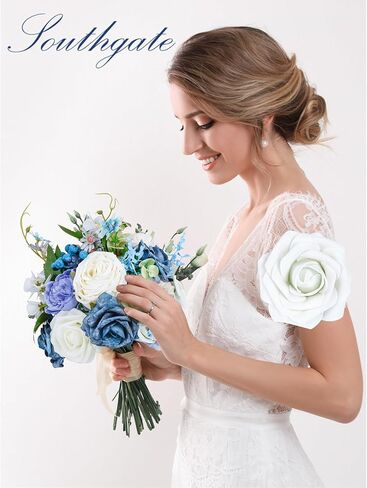 صندوق كومبو من الزهور الاصطناعية من SOUTHGATE DIY باقة الزفاف 38 قطعة من الورود المزيفة الإسفنجية من الحرير زهور مركزية لتزيين حفلات الزفاف والمنزل باللون الأبيض والأخضر in Kuwait