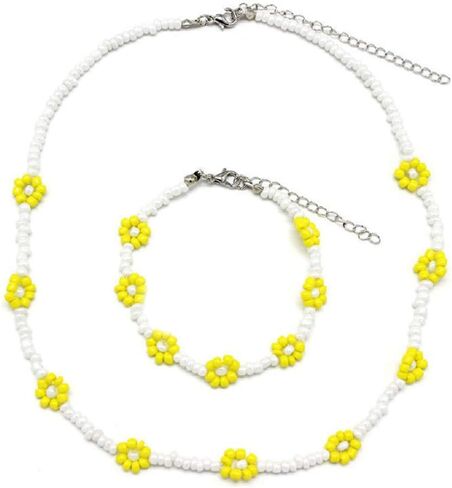 The Woo's Delicate Boho Flower Beaded Choker Necklace Hand-woven Colorful Daisy Flower Beaded Necklace Bracelet Sets Summer Beachside Holiday Jewelry Gift for Women and Girls in Saudi Arabia