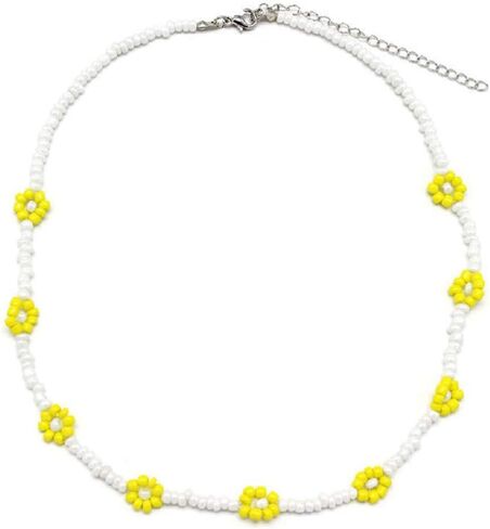 The Woo's Delicate Boho Flower Beaded Choker Necklace Hand-woven Colorful Daisy Flower Beaded Necklace Bracelet Sets Summer Beachside Holiday Jewelry Gift for Women and Girls in Saudi Arabia
