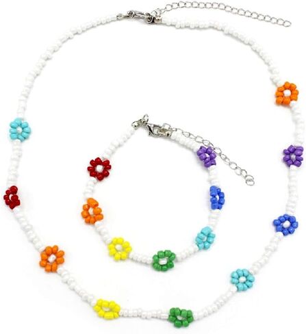 The Woo's Delicate Boho Flower Beaded Choker Necklace Hand-woven Colorful Daisy Flower Beaded Necklace Bracelet Sets Summer Beachside Holiday Jewelry Gift for Women and Girls in Saudi Arabia