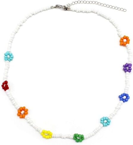 The Woo's Delicate Boho Flower Beaded Choker Necklace Hand-woven Colorful Daisy Flower Beaded Necklace Bracelet Sets Summer Beachside Holiday Jewelry Gift for Women and Girls in Saudi Arabia