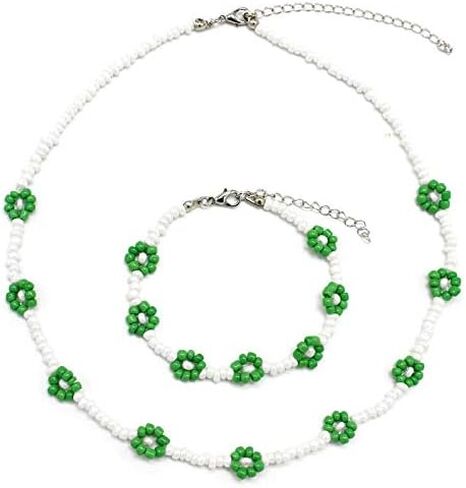 The Woo's Delicate Boho Flower Beaded Choker Necklace Hand-woven Colorful Daisy Flower Beaded Necklace Bracelet Sets Summer Beachside Holiday Jewelry Gift for Women and Girls in Saudi Arabia
