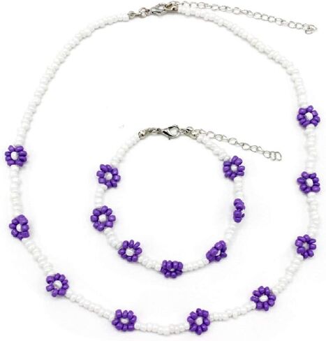 The Woo's Delicate Boho Flower Beaded Choker Necklace Hand-woven Colorful Daisy Flower Beaded Necklace Bracelet Sets Summer Beachside Holiday Jewelry Gift for Women and Girls in Saudi Arabia