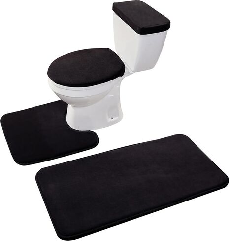 Madeals Memory Foam Bath Mat Set 3 Piece and Toilet Tank Cover Set Combo, Bath Mat Set 2 Piece and Toilet Lid Cover and Tank Cover Set Black in Saudi Arabia