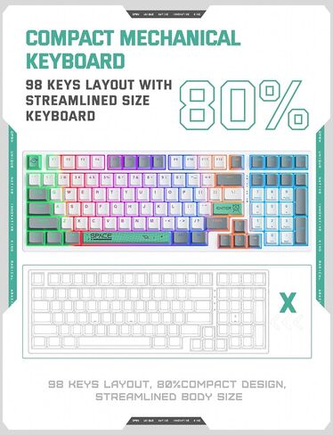 82 Keys Wired Gaming Keyboard,Mechanical Blue Switch, Rainbow LED RGB Backlit, USB Office Compact Keyboards for PC, Desktop, Laptop, Mac, Computer, Funny & Cute Keycap Design-White & Grey in Saudi Arabia