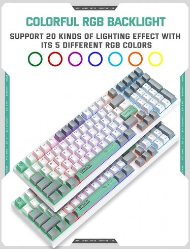 82 Keys Wired Gaming Keyboard,Mechanical Blue Switch, Rainbow LED RGB Backlit, USB Office Compact Keyboards for PC, Desktop, Laptop, Mac, Computer, Funny & Cute Keycap Design-White & Grey in Saudi Arabia