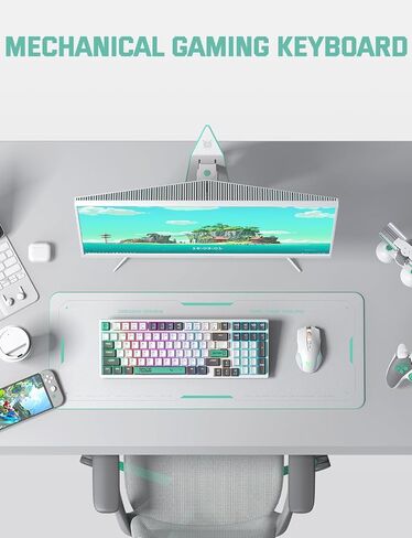 82 Keys Wired Gaming Keyboard,Mechanical Blue Switch, Rainbow LED RGB Backlit, USB Office Compact Keyboards for PC, Desktop, Laptop, Mac, Computer, Funny & Cute Keycap Design-White & Grey in Saudi Arabia