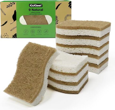 9 Pack Biodegradable Natural Kitchen Sponge - Compostable Cellulose and Coconut Walnut Scrubber Sponge - Eco Friendly Sustainable Sponges for Dishes in Saudi Arabia
