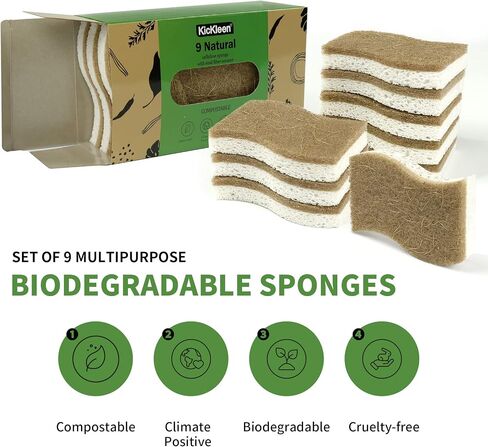 9 Pack Biodegradable Natural Kitchen Sponge - Compostable Cellulose and Coconut Walnut Scrubber Sponge - Eco Friendly Sustainable Sponges for Dishes in Saudi Arabia