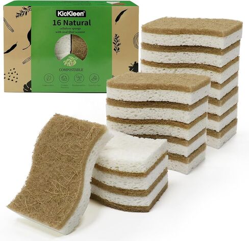 9 Pack Biodegradable Natural Kitchen Sponge - Compostable Cellulose and Coconut Walnut Scrubber Sponge - Eco Friendly Sustainable Sponges for Dishes in Saudi Arabia