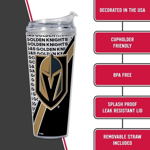 كوب أكريليك من ريكو إندستريز NHL Hockey Vegas Golden Knights بسعة 24oz مع غطاء مفصلي، كوب مزدوج الجدار مرخص رسميًا مع قش in Saudi Arabia