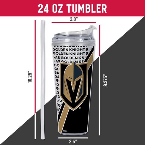 كوب أكريليك من ريكو إندستريز NHL Hockey Vegas Golden Knights بسعة 24oz مع غطاء مفصلي، كوب مزدوج الجدار مرخص رسميًا مع قش in Saudi Arabia