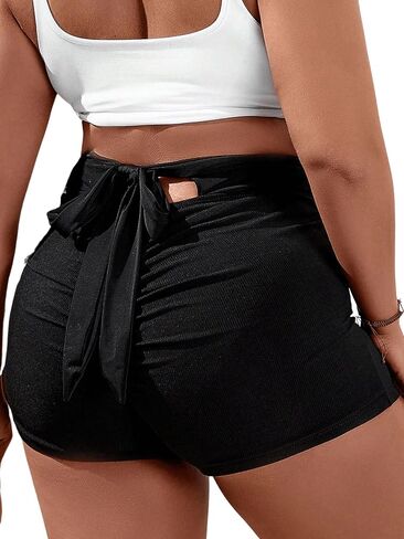 MakeMeChic Women's Plus Size Tie Back Ruched Bikini Bottom High Waisted Boyshorts Swimsuit Bottoms in Saudi Arabia