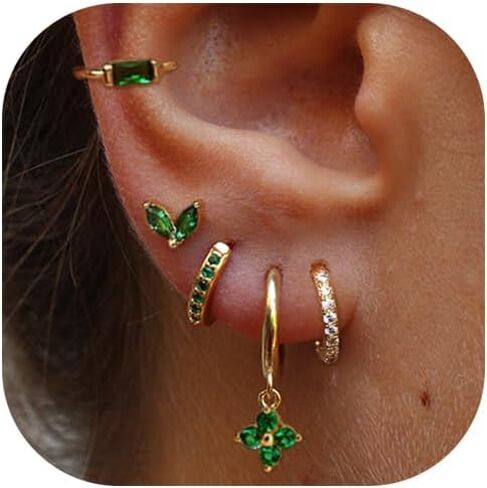 Earring Sets for Multiple Piercing Small Gold Earring Stack 14K Gold/Silver Plated Huggie Hoop Earrings for Women Hypoallergenic Cartilage Stud Gold and Green Earring Set in Saudi Arabia