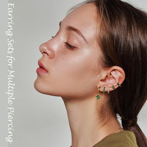 Earring Sets for Multiple Piercing Small Gold Earring Stack 14K Gold/Silver Plated Huggie Hoop Earrings for Women Hypoallergenic Cartilage Stud Gold and Green Earring Set in Saudi Arabia