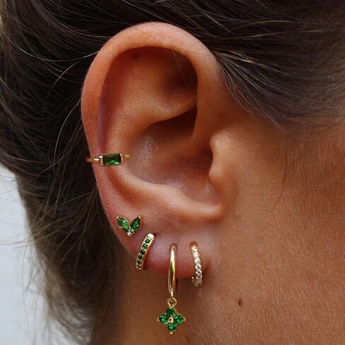 Earring Sets for Multiple Piercing Small Gold Earring Stack 14K Gold/Silver Plated Huggie Hoop Earrings for Women Hypoallergenic Cartilage Stud Gold and Green Earring Set in Saudi Arabia