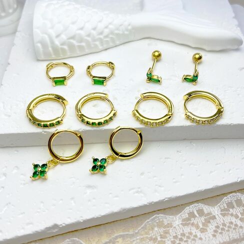 Earring Sets for Multiple Piercing Small Gold Earring Stack 14K Gold/Silver Plated Huggie Hoop Earrings for Women Hypoallergenic Cartilage Stud Gold and Green Earring Set in Saudi Arabia