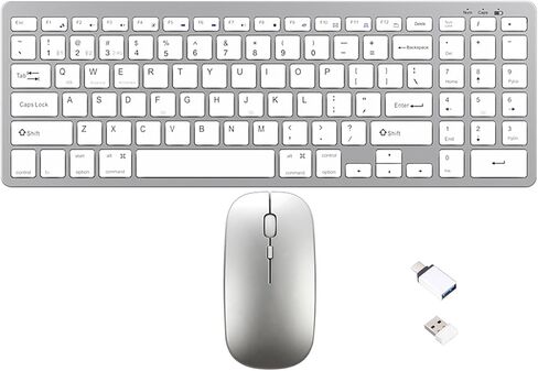 Wireless Keyboard and Mouse Combo, 2.4G/Bluetooh Dual Mode Rechargeable Ultra Slim Silent 4-Button Mouse and Scissor Switch 95-Key Keyboard with Num Pad, for PC/Tablet/Laptop/Mac, Silver White in Saudi Arabia