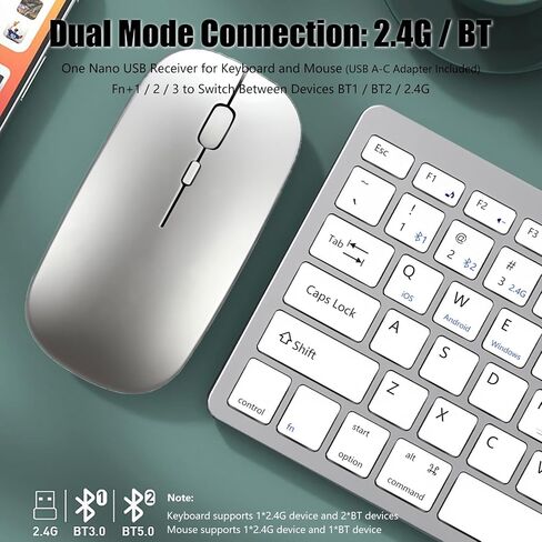Wireless Keyboard and Mouse Combo, 2.4G/Bluetooh Dual Mode Rechargeable Ultra Slim Silent 4-Button Mouse and Scissor Switch 95-Key Keyboard with Num Pad, for PC/Tablet/Laptop/Mac, Silver White in Saudi Arabia
