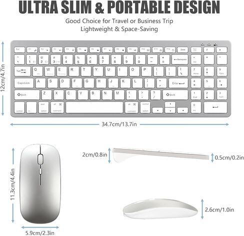 Wireless Keyboard and Mouse Combo, 2.4G/Bluetooh Dual Mode Rechargeable Ultra Slim Silent 4-Button Mouse and Scissor Switch 95-Key Keyboard with Num Pad, for PC/Tablet/Laptop/Mac, Silver White in Saudi Arabia