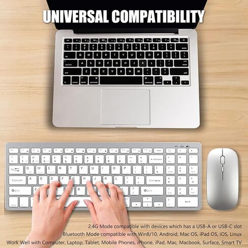 Wireless Keyboard and Mouse Combo, 2.4G/Bluetooh Dual Mode Rechargeable Ultra Slim Silent 4-Button Mouse and Scissor Switch 95-Key Keyboard with Num Pad, for PC/Tablet/Laptop/Mac, Silver White in Saudi Arabia